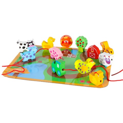 Klocki drewniane do nawlekania tablica plansza farma zwierzęta