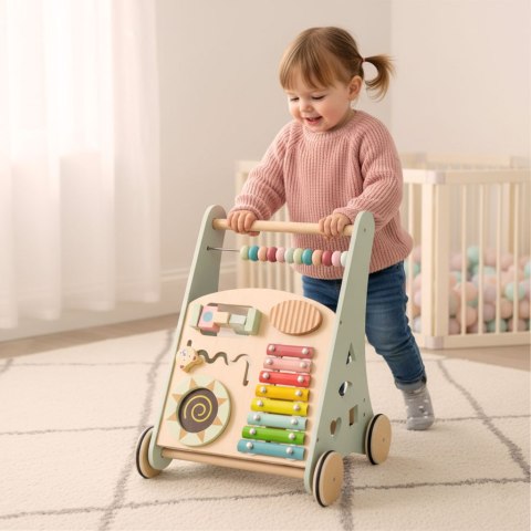 Pchacz dla dziecka chodzik drewniany z liczydłem niebieski