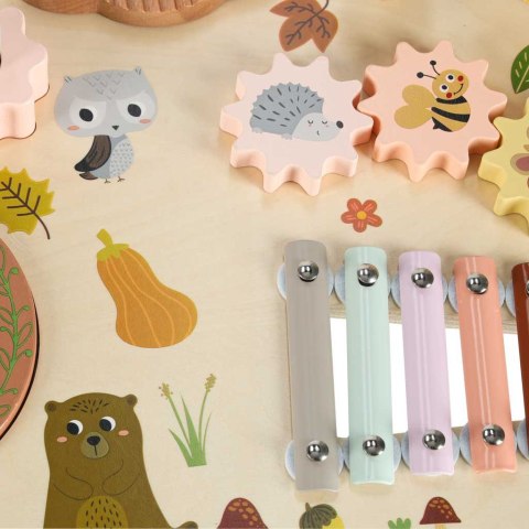 Stolik edukacyjny drewniany tablica muzyczna cymbałki talerze