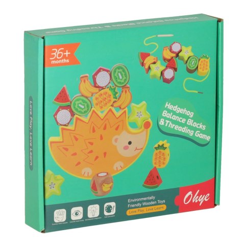 Gra zręcznościowa montessori układanka balansująca klocki drewniane jeż nawlekane owoce