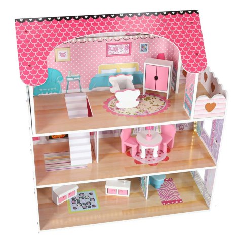 Domek dla lalek drewniany MDF mebelki 70cm różowy LED