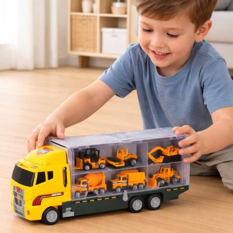 Transporter ciężarówka TIR wyrzutnia + metalowe auta maszyny budowlane