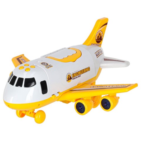 Transporter samolot rozkładany z autami + 3 auta pojazdy budowlane światła dźwięk