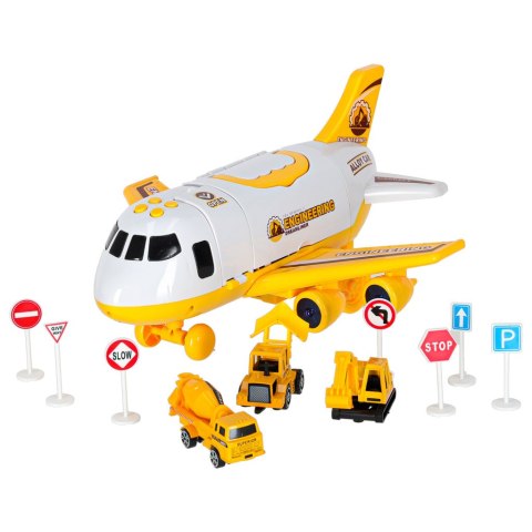Transporter samolot rozkładany z autami + 3 auta pojazdy budowlane światła dźwięk