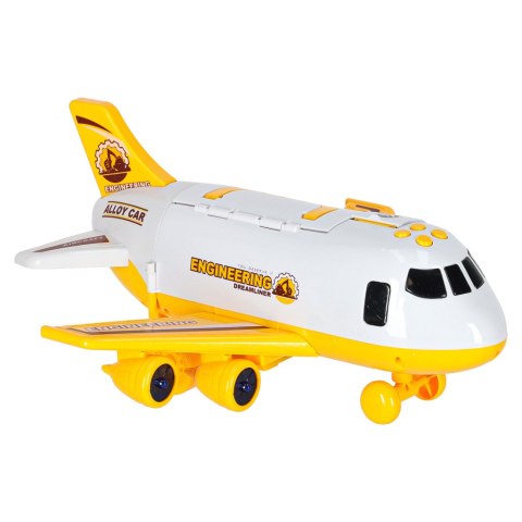 Transporter samolot rozkładany z autami + 3 auta pojazdy budowlane światła dźwięk