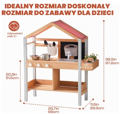Drewniana kuchnia błotna z baldachimem dla dzieci z pudełkiem do sadzenia, kuchenką, zbiornikiem na wodę, kranem i zlewem,