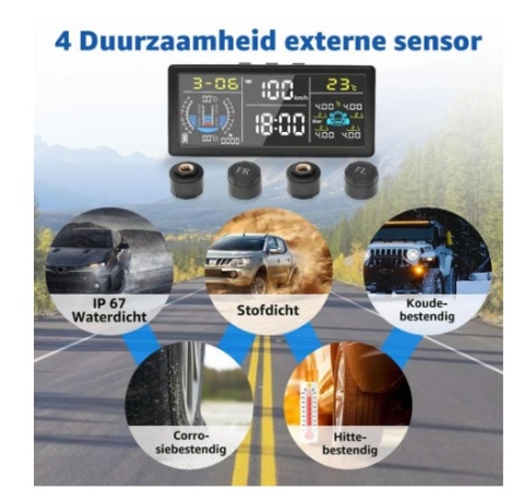 Monitor ciśnienia w oponach TPMS - Zasilanie solarne - 4 czujniki -