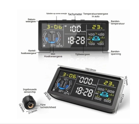 Monitor ciśnienia w oponach TPMS - Zasilanie solarne - 4 czujniki -