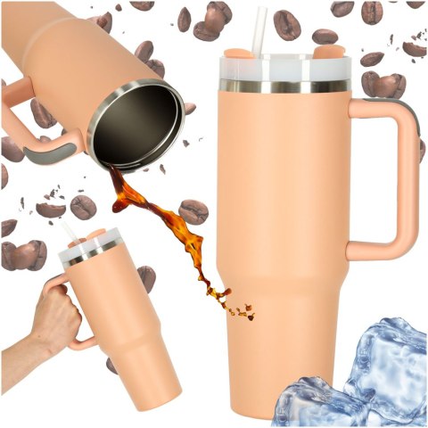 Kubek termiczny ze słomką i uchwytem termos 1200ml róż pudrowy
