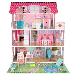 Domek dla lalek drewniany Lulilo Gardeno z ogródkiem mebelki 70cm różowy LED