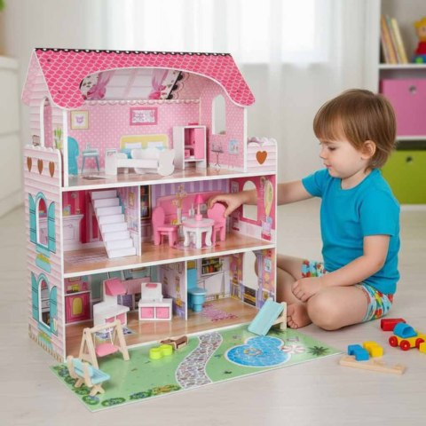 Domek dla lalek drewniany Lulilo Gardeno z ogródkiem mebelki 70cm różowy LED