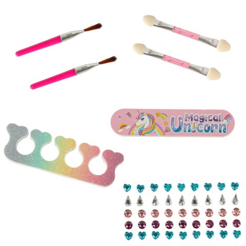 Kuferek zestaw kosmetyków do makijażu i paznokci makeup kosmetyki cienie lakiery szuflady jednorożec