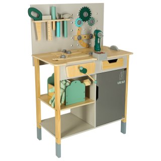 Warsztat drewniany LULILO Fikso zestaw małego majsterkowicza z narzędziami piła wkrętarka dźwięki 86cm