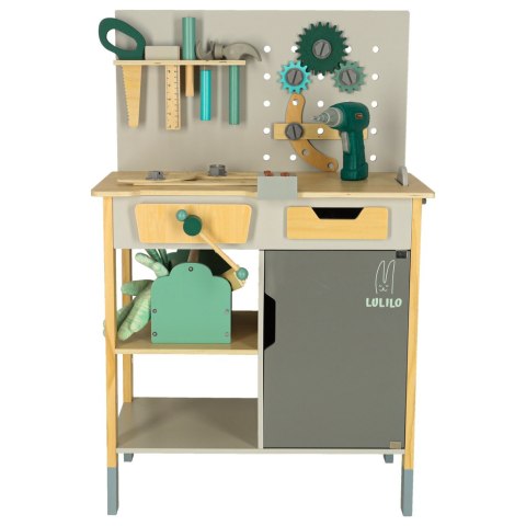 Warsztat drewniany LULILO Fikso zestaw małego majsterkowicza z narzędziami piła wkrętarka dźwięki 86cm