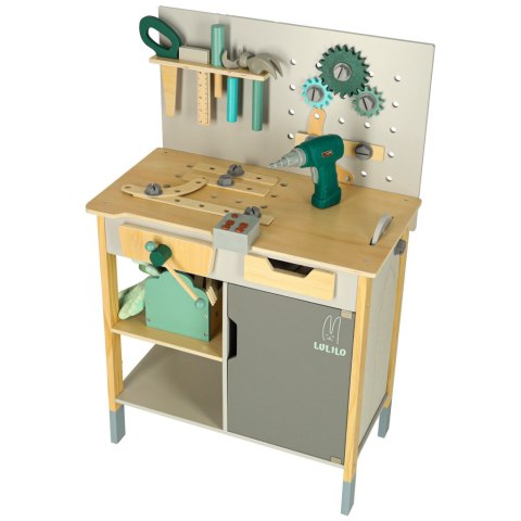 Warsztat drewniany LULILO Fikso zestaw małego majsterkowicza z narzędziami piła wkrętarka dźwięki 86cm