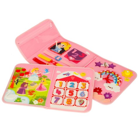 Tablica manipulacyjna sensoryczna montessori walizka plecak różowy