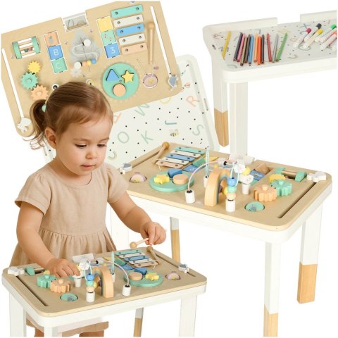 Tablica manipulacyjna LULILO LUDO stolik drewniany sensoryczny 2w1 miętowy